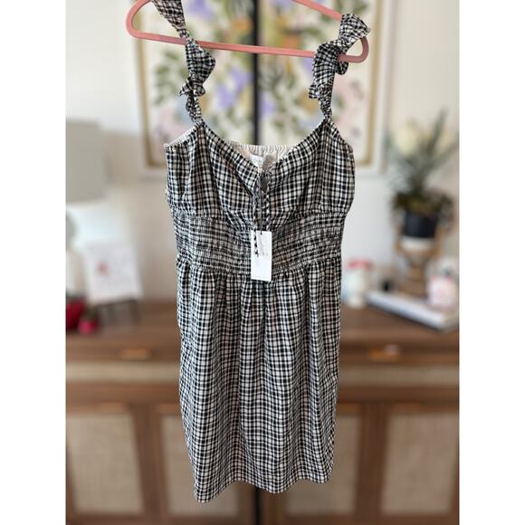 NWT Wayf Smocked Waist Gingham Checkered Ruffle Mini Dress Black Womens Size XL - Picture 4 of 9